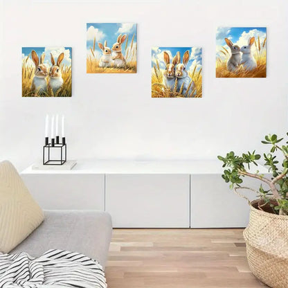4pcs Charming White Rabbits in Golden Wall Art Canvas Framed