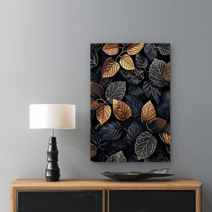 Black and Golden Leaf Pattern 40x60cm Metal Print Ready to Hang
