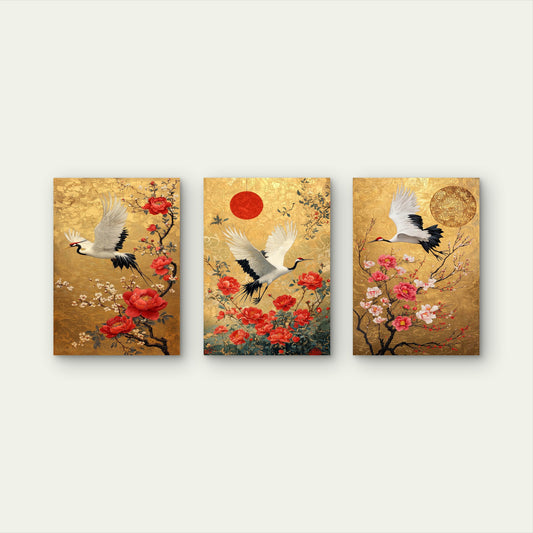 3pcs Japanese Blossom Chinoiserie Gold Crane Wall Art Set Canvas Framed 50x70cm - High Quality Print 100% Australian Made Wall Canvas Ready to Hang