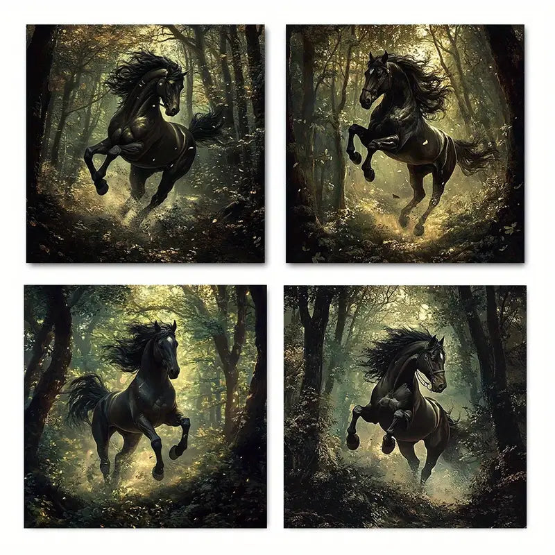 4pcs Abstract Black Horse In Forest, Dynamic Mot Wall Art Canvas Framed