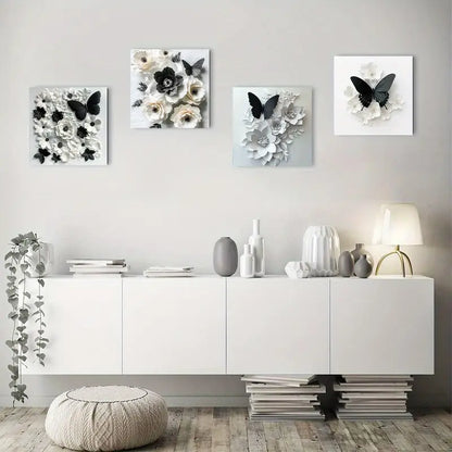 4pcs Black And White With White Flowers Wall Art Canvas Framed