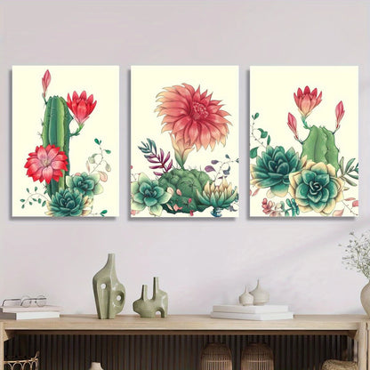 3pcs Vibrant Red Flowers, Green Foliage Cactus Metal Print Ready to Hang Art