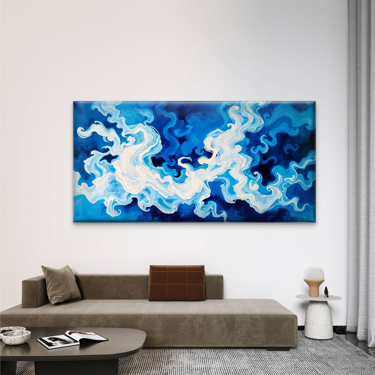 Abstract Blue Liquid Waves Wall Art Canvas Office Home Room Framed 120x60cm