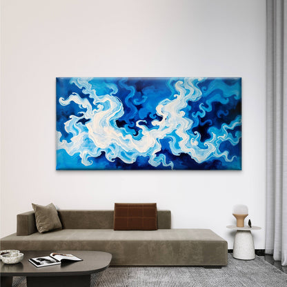 Abstract Blue Liquid Waves Wall Art Canvas Office Home Room Framed 120x60cm