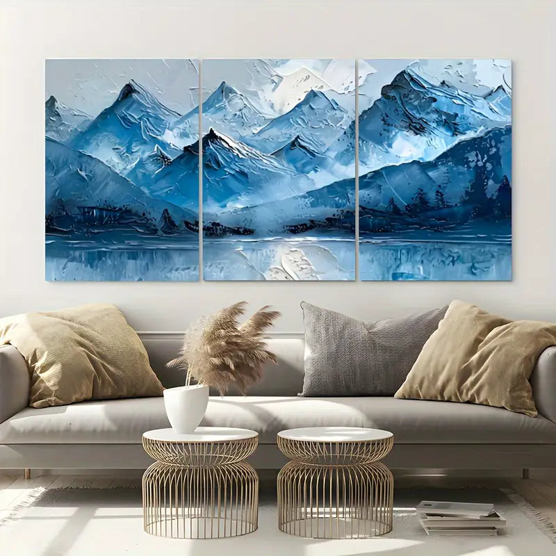 3pcs Watercolor Blue Mountain Painting  Metal Print Ready to Hang Art