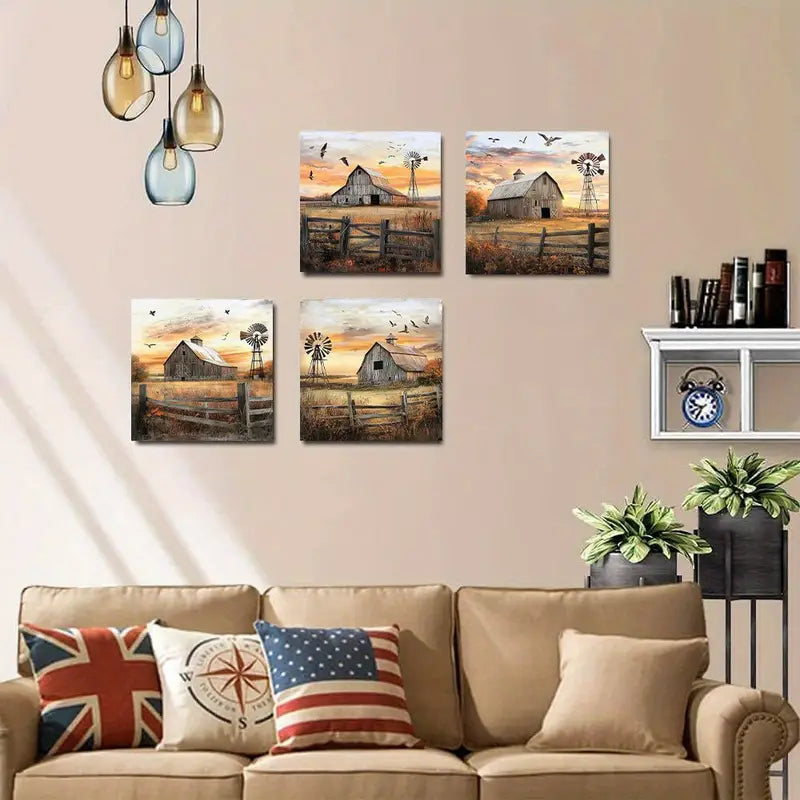 4pcs Rustic Countryside Decor with Autumn Hues Wall Art Canvas Framed