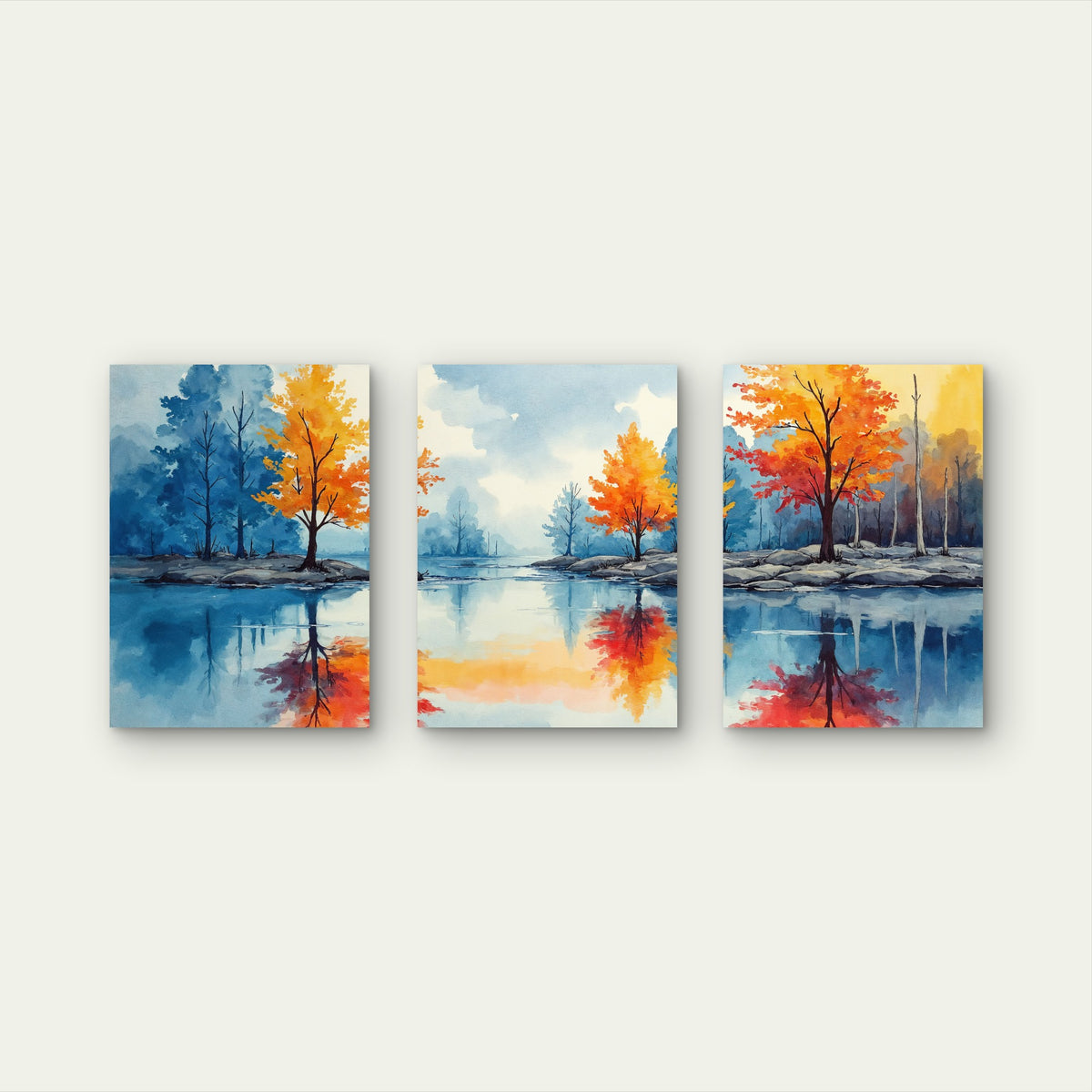 3pcs Watercolor Autumn Tree Lake Reflection Wall Art Set Canvas Framed 60x90cm - High Quality Print 100% Australian Made Wall Canvas Ready to Hang