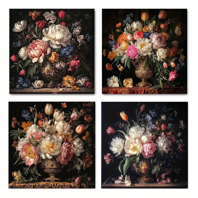 4pcs Roses, Tulips, And Lilies Wall Art Canvas Framed