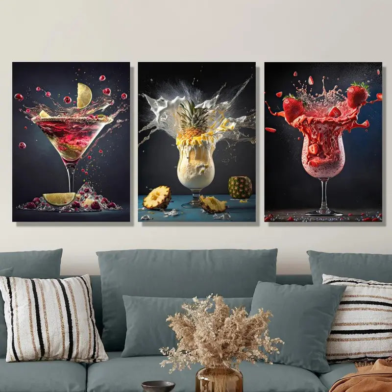 3pcs Abstract Lemon, Pineapple & Strawberry Splash Metal Print Ready to Hang Art