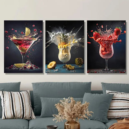 3pcs Abstract Lemon, Pineapple & Strawberry Splash Metal Print Ready to Hang Art