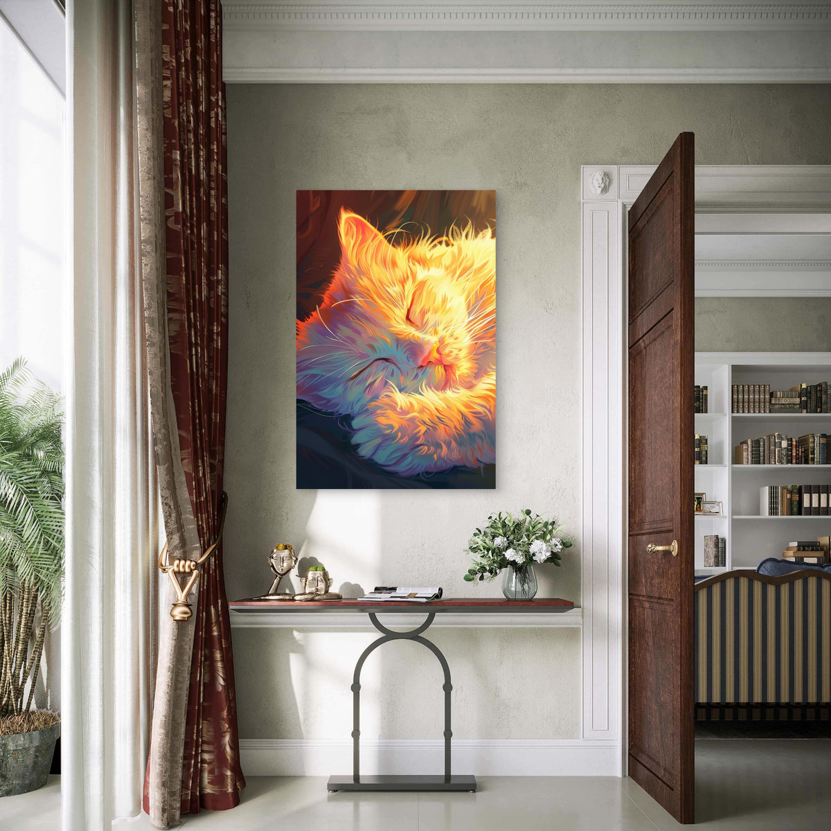 Surreal Painting of Cat Sleeping in Sunlight 40x60cm Metal Print Ready to Hang