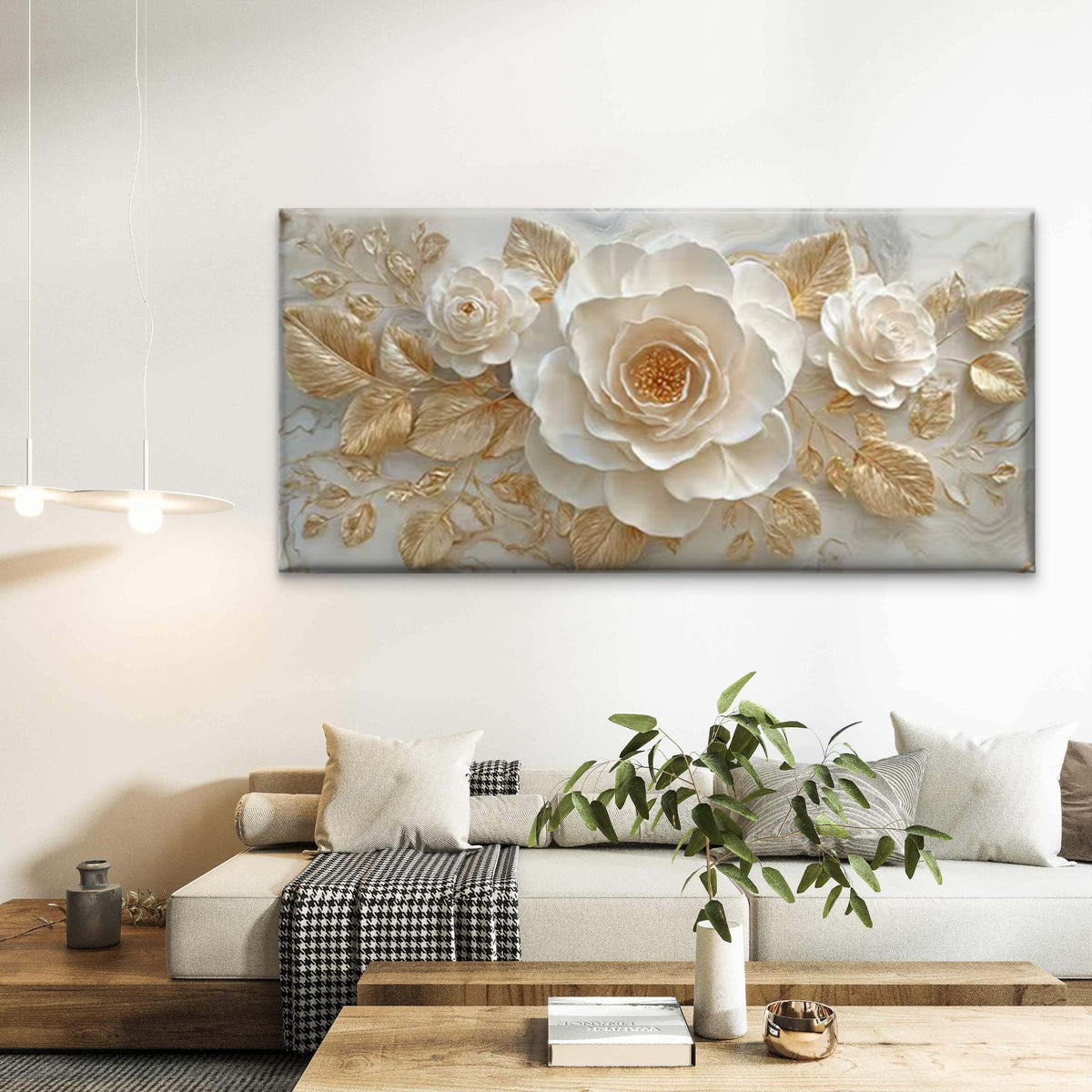 Golden Leaf Botanical Wall Art Canvas Office Home Room Framed 120x60cm