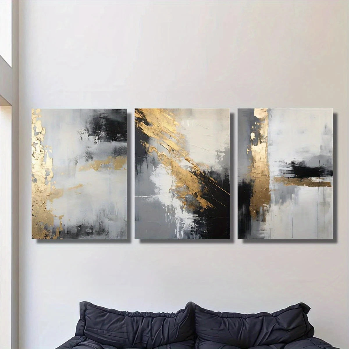 3pcs Golden Black Abstract Grey Painting Metal Print Ready to Hang Art