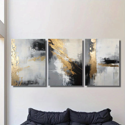 3pcs Golden Black Abstract Grey Painting Metal Print Ready to Hang Art