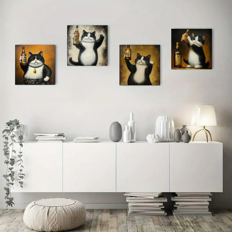 4pcs Adorable Cute Cat Wall Art Canvas Framed