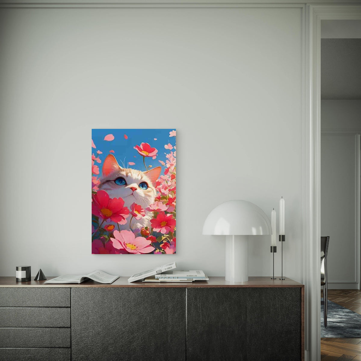 Kitty Among Pink Petals, Metal Print Ready to Hang