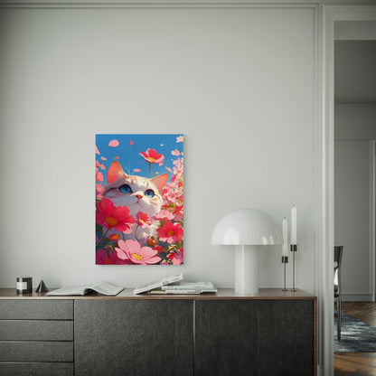 Kitty Among Pink Petals, Metal Print Ready to Hang