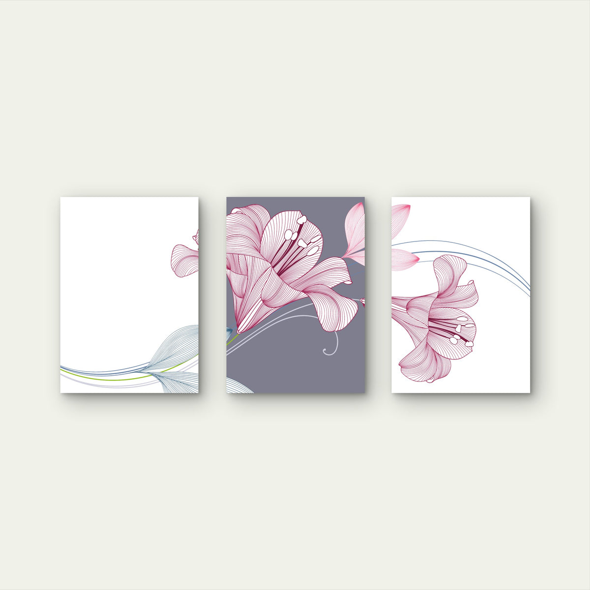 3pcs Pink Lily Amaryllis Floral Line Art Metal Print Ready to Hang Art