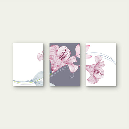 3pcs Pink Lily Amaryllis Floral Line Art Metal Print Ready to Hang Art