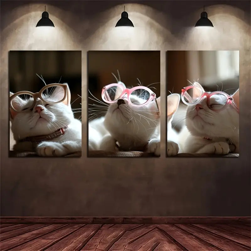 3pcs White Cats In Pink Glasses Metal Print Ready to Hang Art