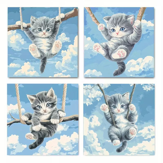 4pcs Modern Swing Design With Blue Sky & Clouds Wall Art Canvas Framed