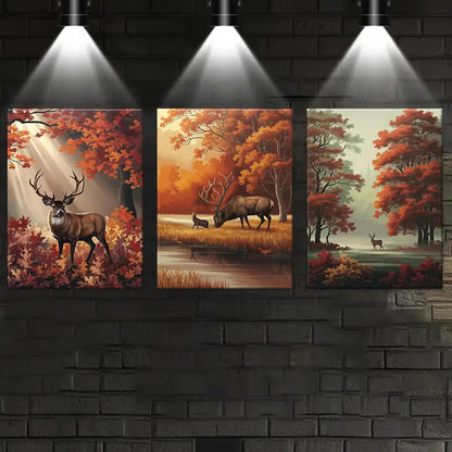 3pcs Enchanting Autumn Oil Painting Deer Metal Print Ready to Hang Art