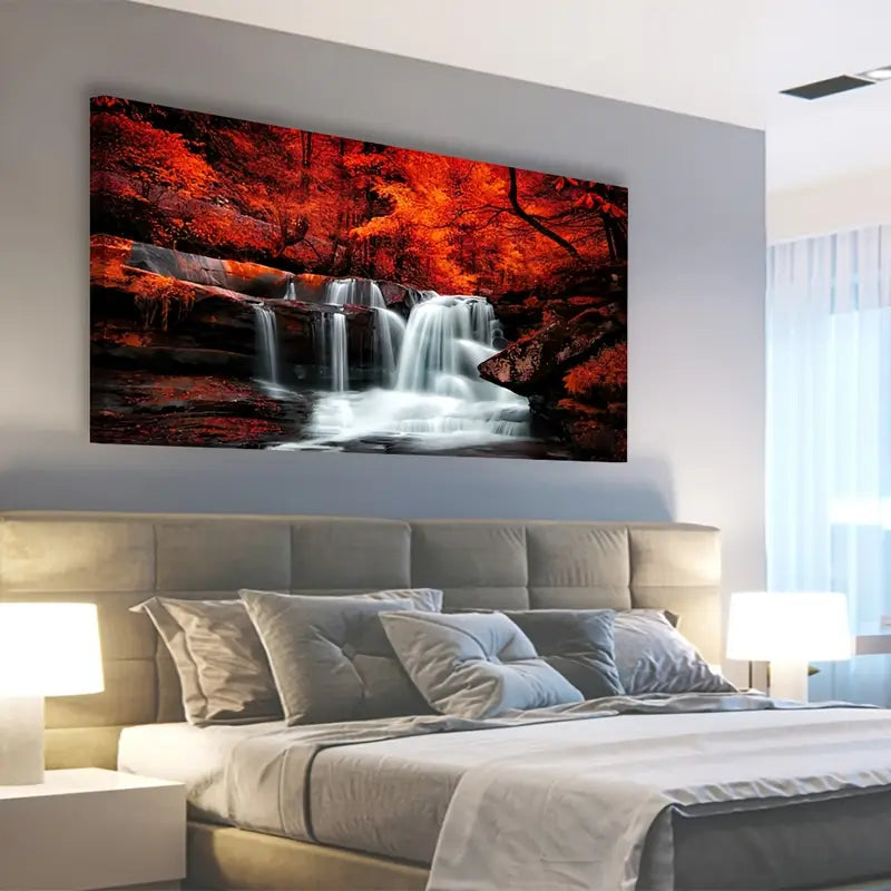 Waterfall Autumn Forest Red Forest Wall Art canvas office home room framed 120x60cm
