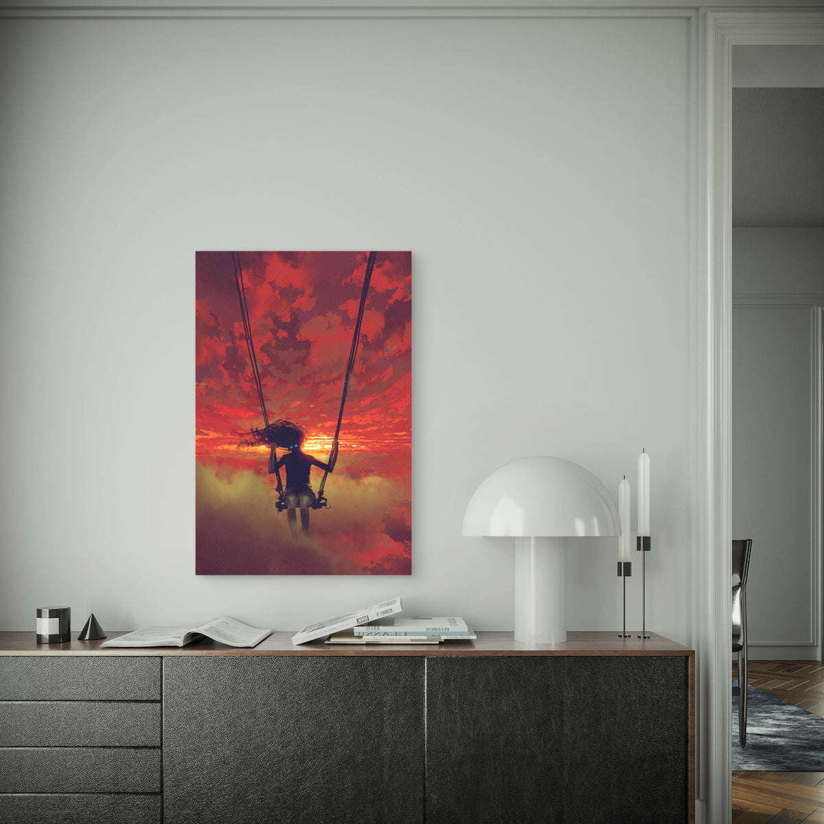 Mysterious Woman Sitting on the Swing in the Sky 60x90cm Metal Print Ready to Hang