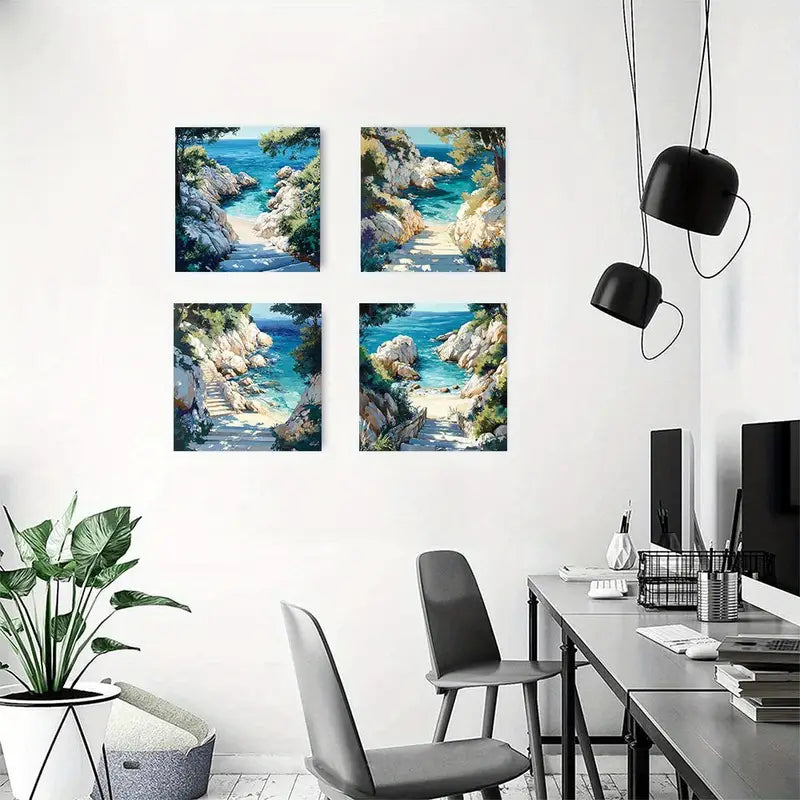 4pcs Greek Island Beach Coastal  GL     Wall Art Canvas Framed