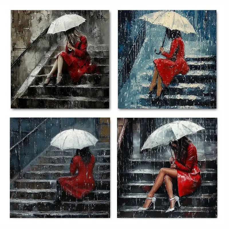 4pcs Red Umbrella Woman Themed  RA  Wall Art Canvas Framed