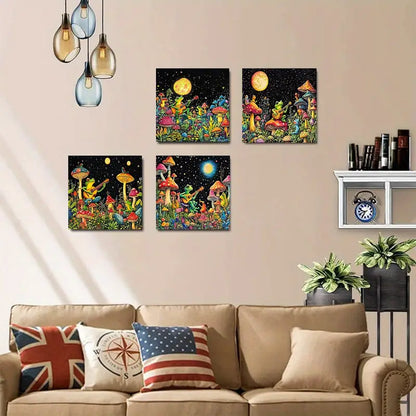 4pcs Whimsical Frog & Mushroom Moonlit Forest Wall Art Canvas Framed