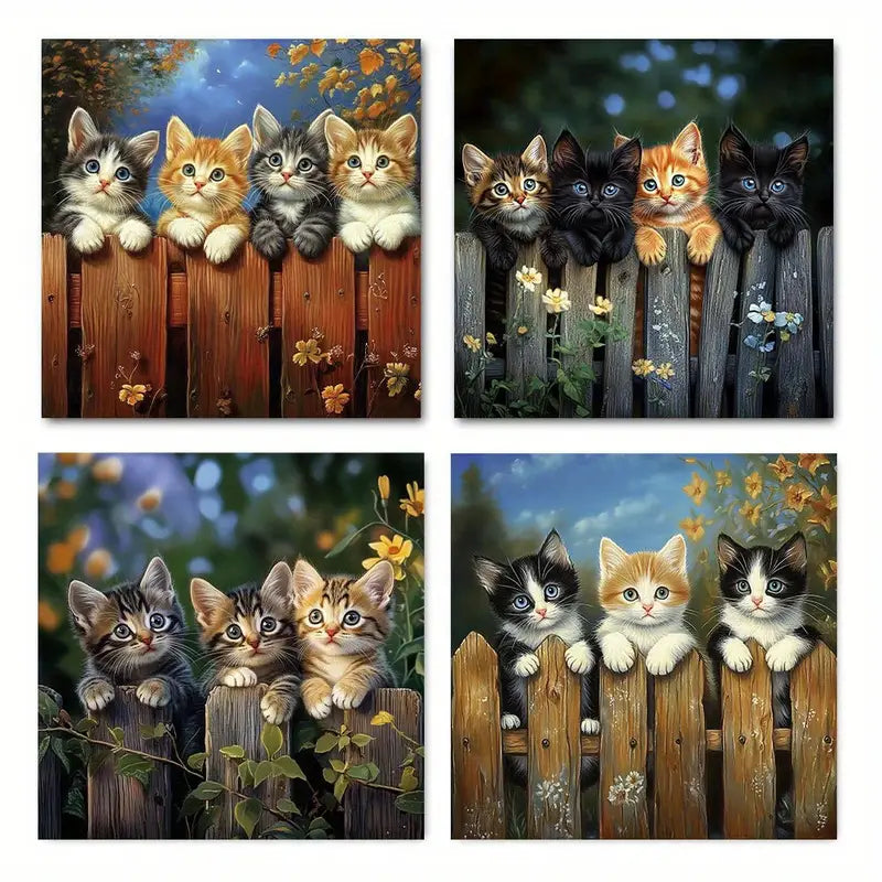 4pcs Starry Night Kittens Theme Wall Art Canvas Framed