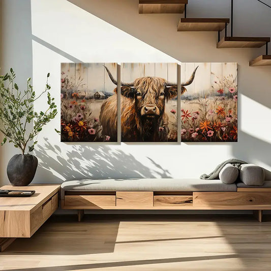 3pcs Scottish Highland Cow With Vibrant Wildflower Metal Print Ready to Hang Art