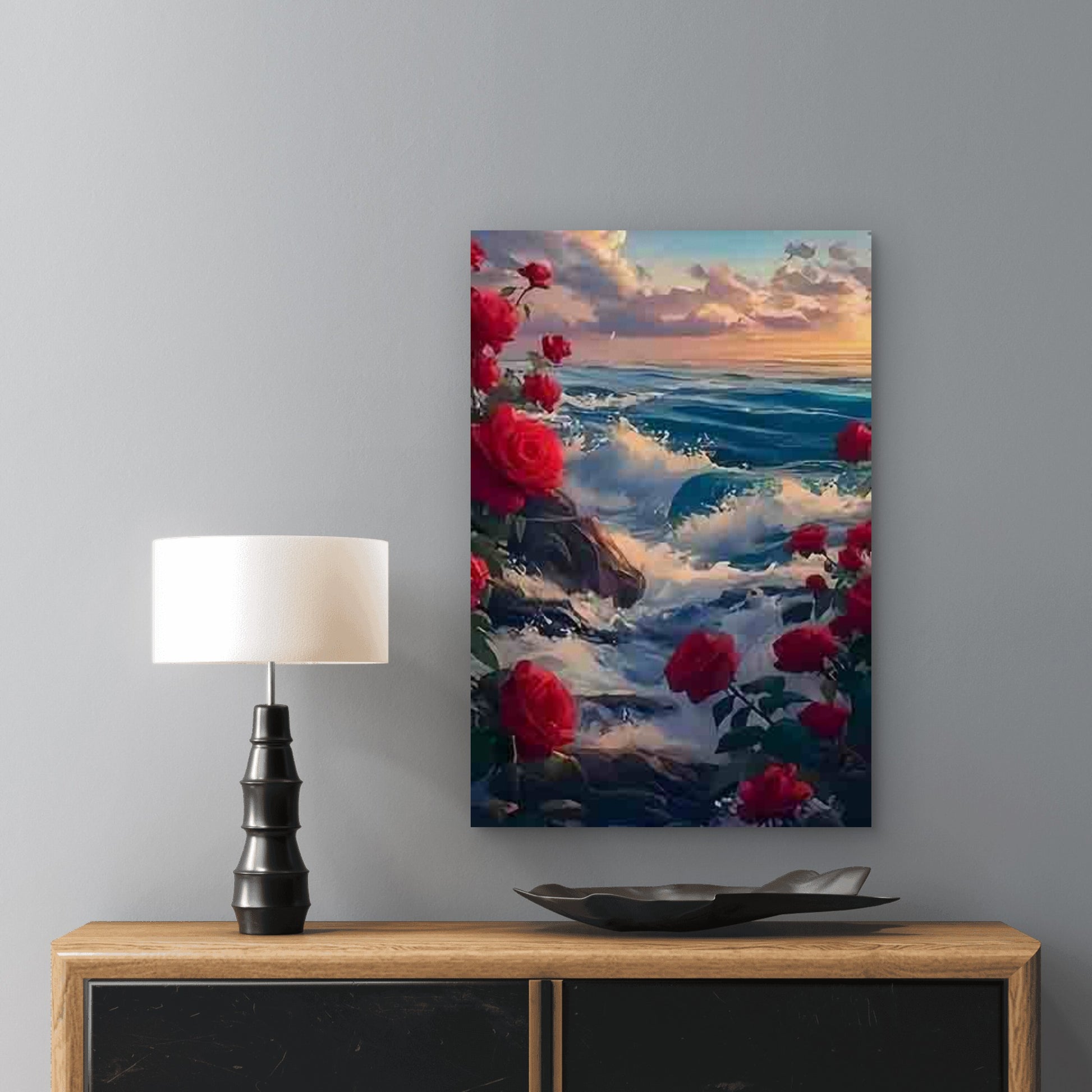 Ocean Waves And Vibrant Red Roses 60x90cm Metal Print Ready to Hang - Bella Home Decor
