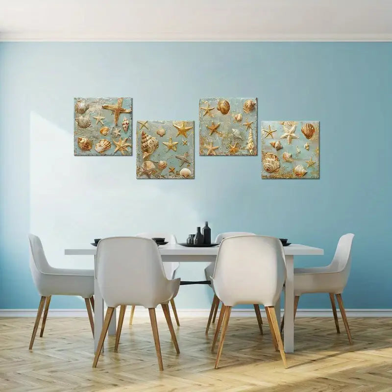 4pcs Beach Themed Starfish Conch Shells Pictures Wall Art Canvas Framed