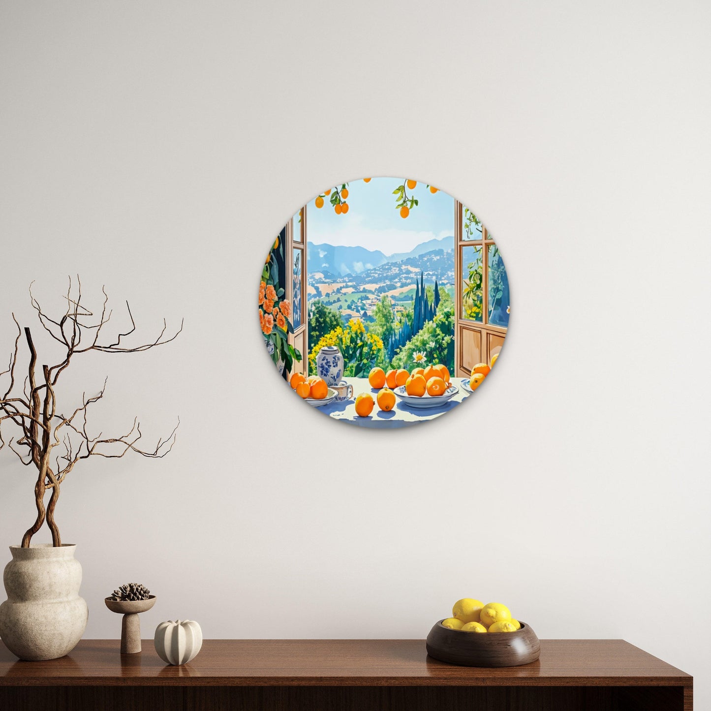 Mountains Through Orange Table Window Acrylic Glass Rounded Print Tempered Glass Wall Art 100% Made in Australia Ready to Hang