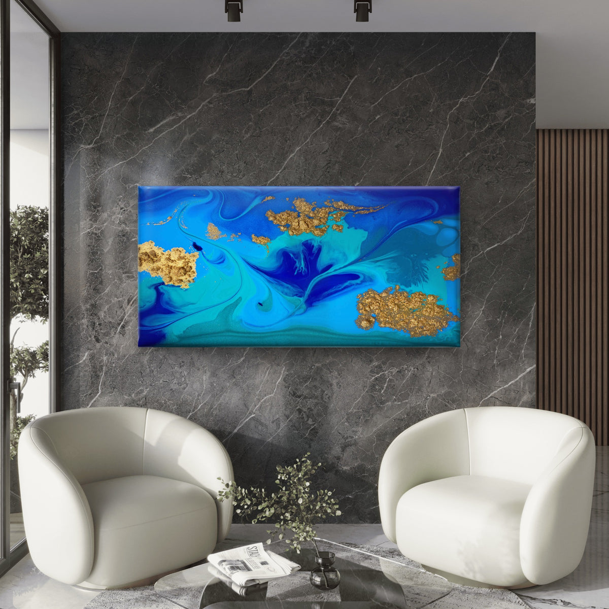 Marbled Blue Gold Abstract Wall Art Canvas Office Home Room Framed 120x60cm