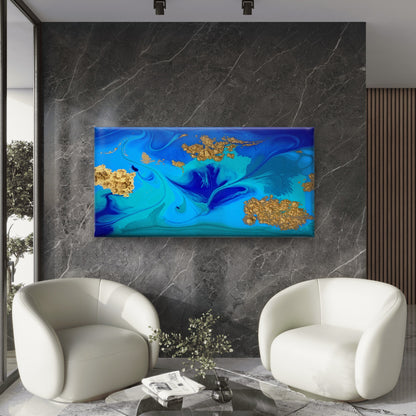 Marbled Blue Gold Abstract Wall Art Canvas Office Home Room Framed 120x60cm