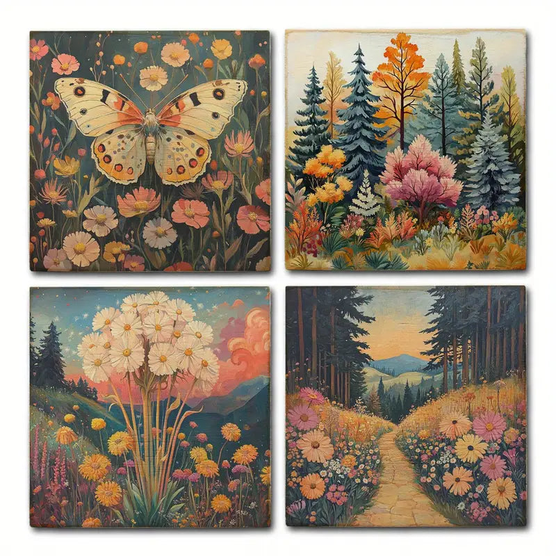 4pcs Butterfly With Flower Garden Wall Art Canvas Framed