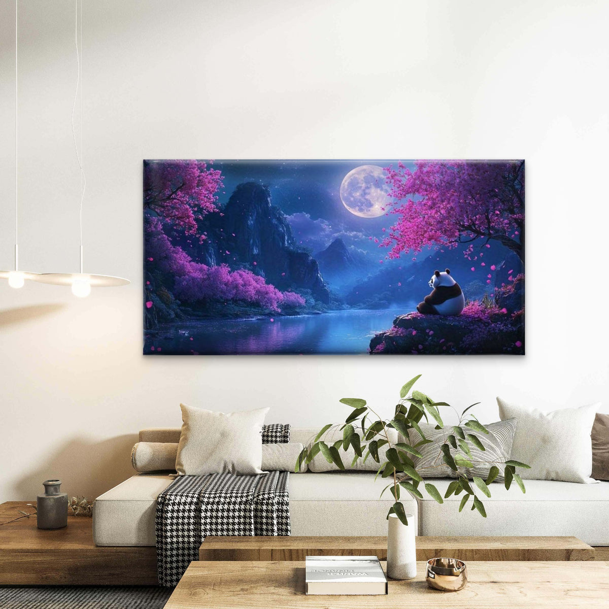 Moon Night Panda & Cherry Wall Art Canvas Office Home Room Framed 120x60cm