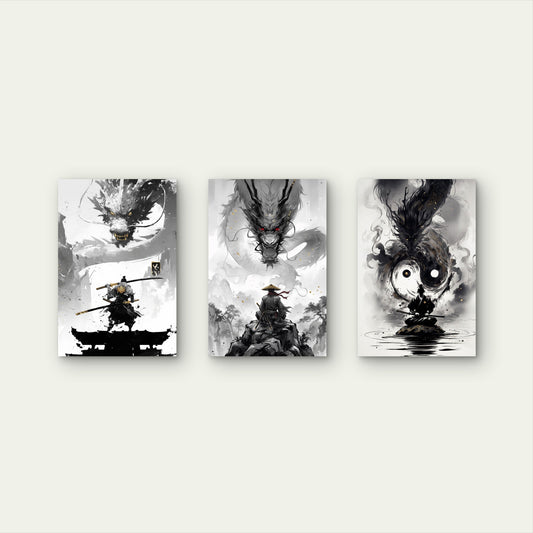 3pcs Samurai Warrior Black Ink Dragon Yin Yang Wall Art Set Canvas Framed 50x70cm - High Quality Print 100% Australian Made Wall Canvas Ready to Hang