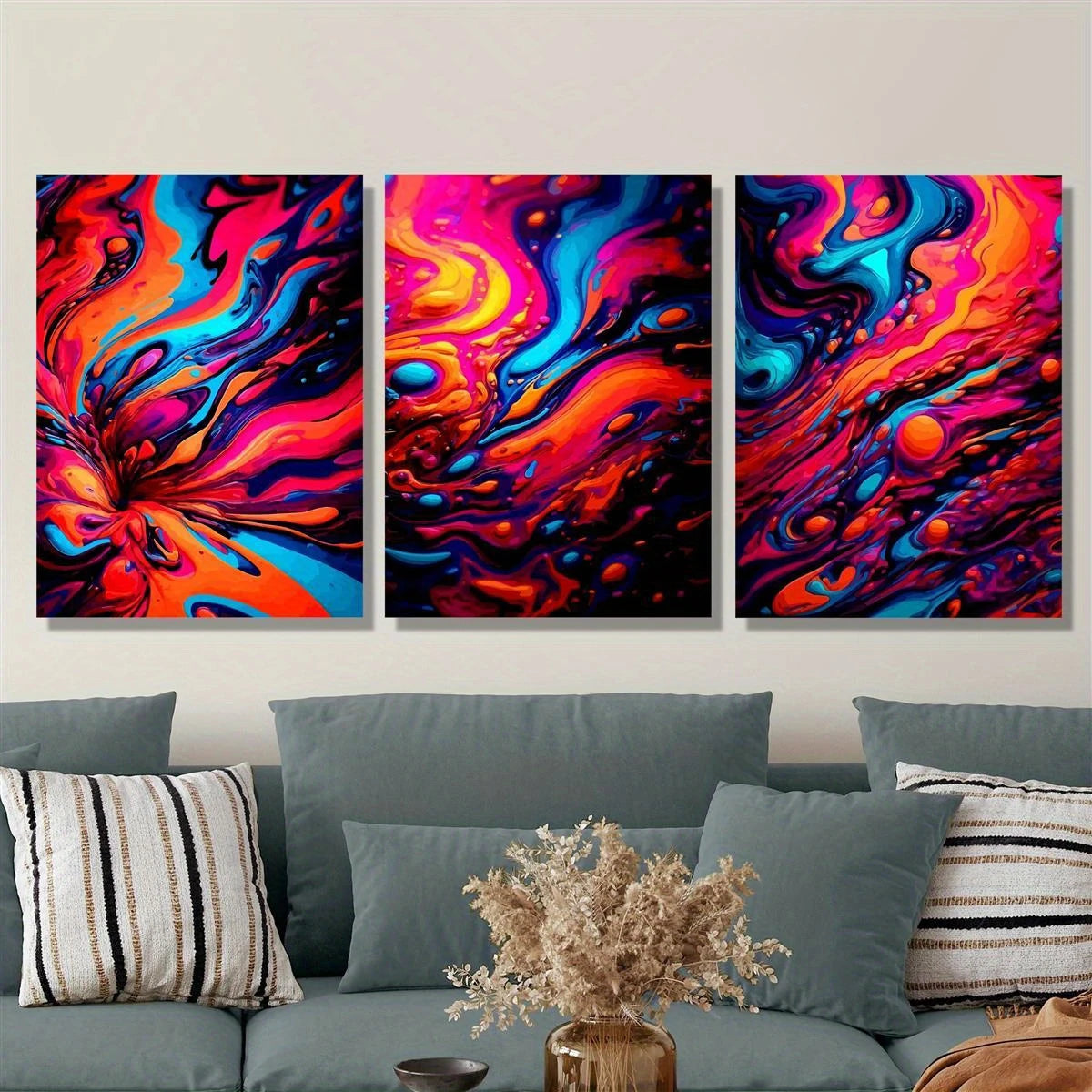 3pcs Abstract Fluid Vibrant Blue Red Classic Design Metal Print Ready to Hang Art