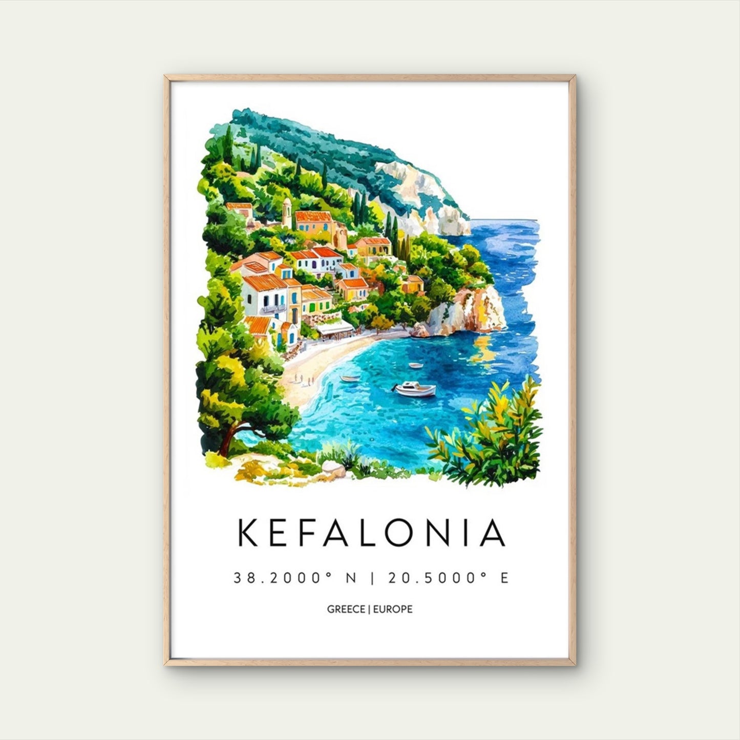 Beautiful Greek Island Kefalonia Village Scene Travel Poster Print Wall Art