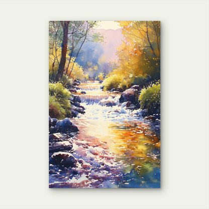 Watercolor River Forest Stream Sunset 40x60cm Metal Print Ready to Hang