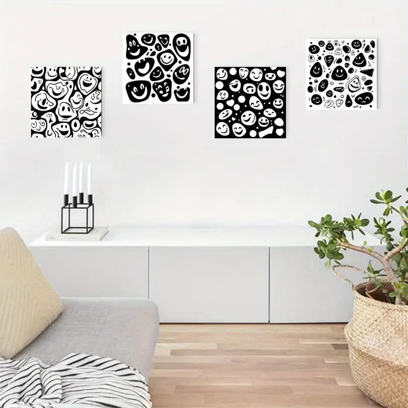 4pcs   Black White joyful Faces Coconut Tree   Wall Art Canvas Framed