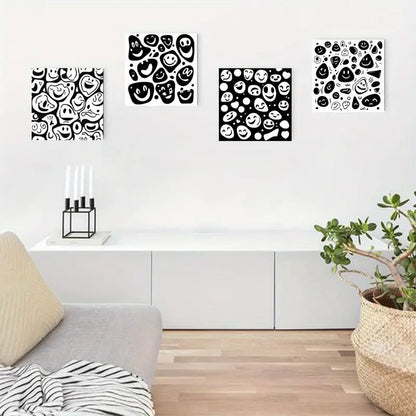 4pcs   Black White joyful Faces Coconut Tree   Wall Art Canvas Framed