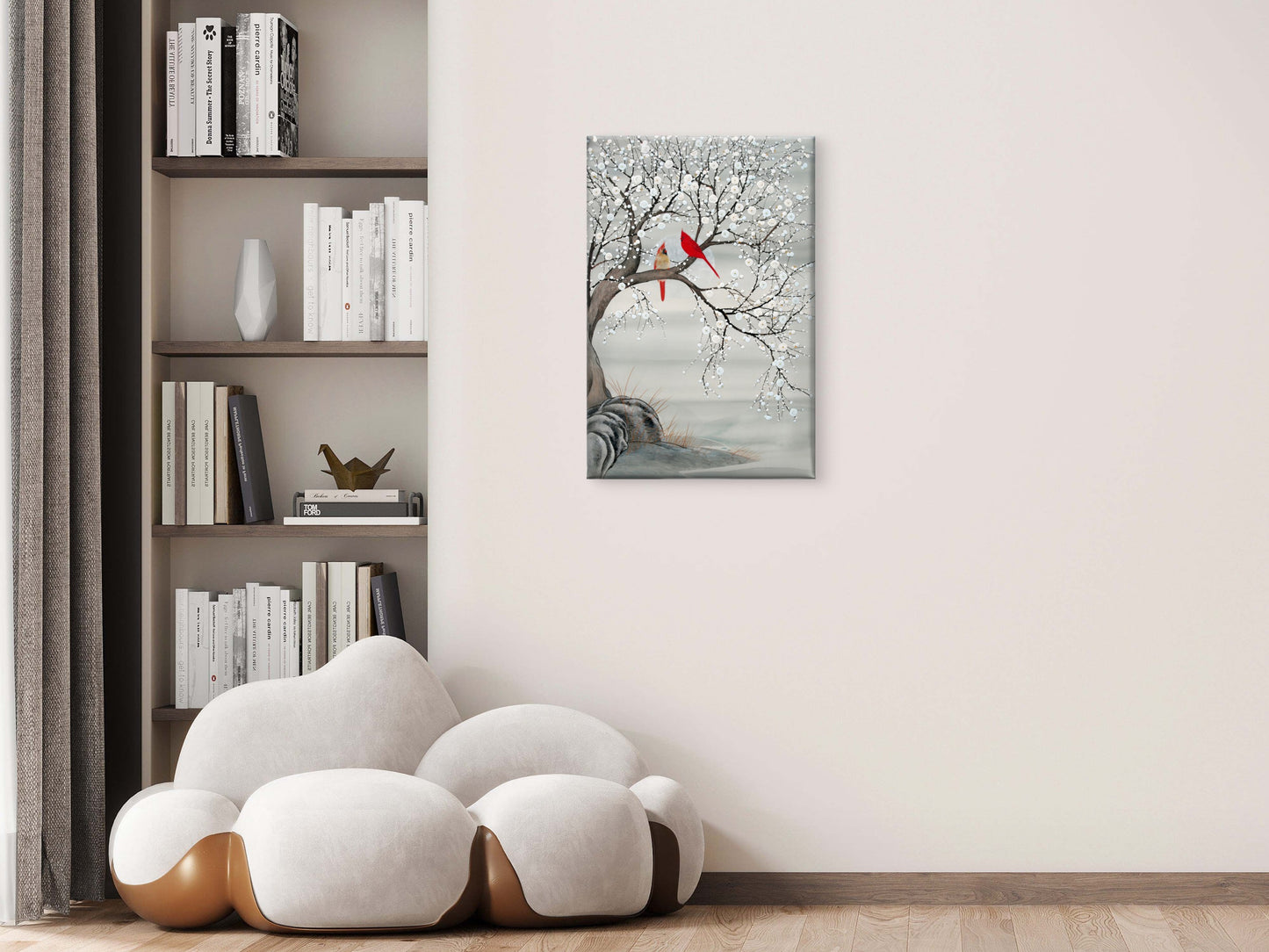 Grey White Flower Blossoming Red Bird Couple Wall Art Decor 100% Australian Made