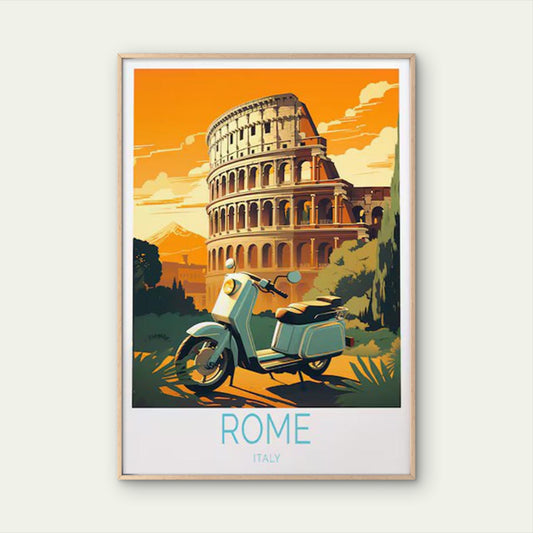 Italy Rome Colosseum, Light Blue Scooter Travel Poster Print Wall Art