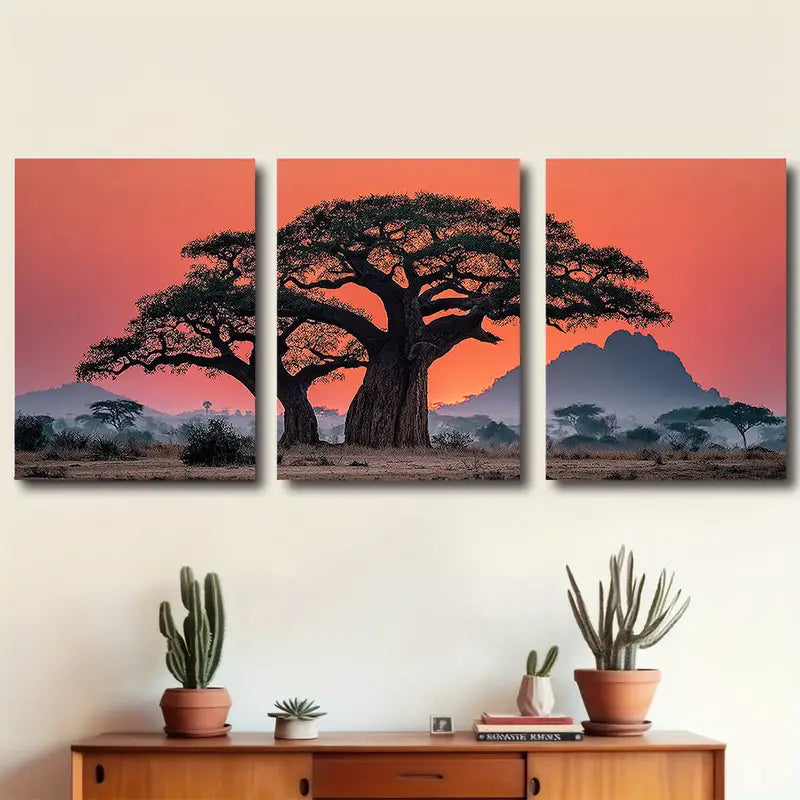 3pcs African Baobab Sunset Savannah Scene Wall Art Set Canvas Framed 50x70cm - High Quality Print 100% Australian Made Wall Canvas Ready to Hang