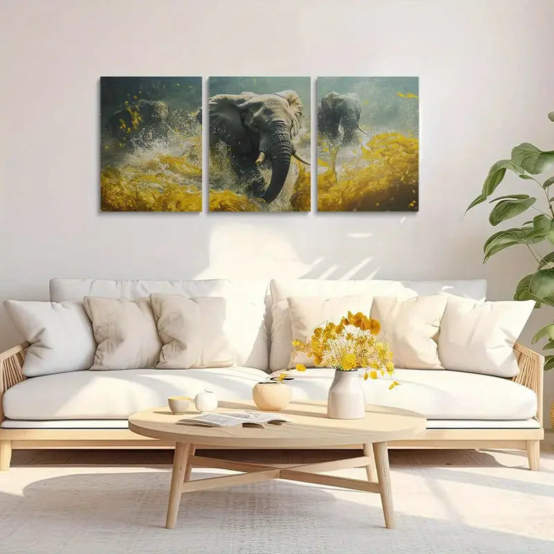 3pcs Running Elephants in the Savannah Metal Print Ready to Hang Art